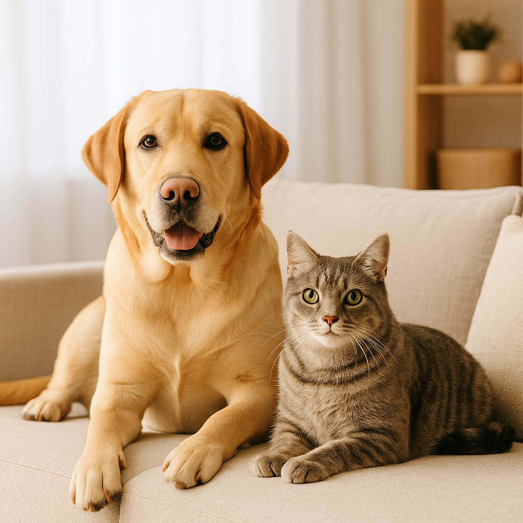 Mobile vet examining calm dog and cat during stress-free home visit in Brisbane